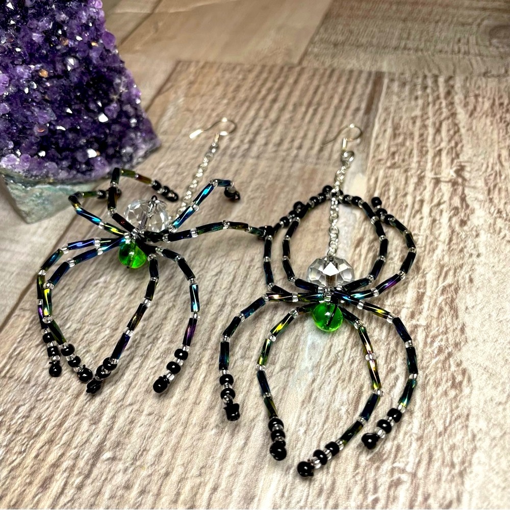 Green Glass Beaded Artisan Spider Earrings